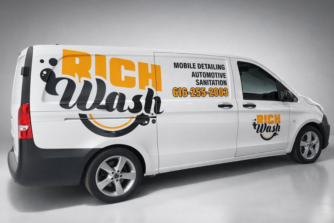 Rich Wash Mobile Detailing van with door and side graphics installed by Good Graphics Co.