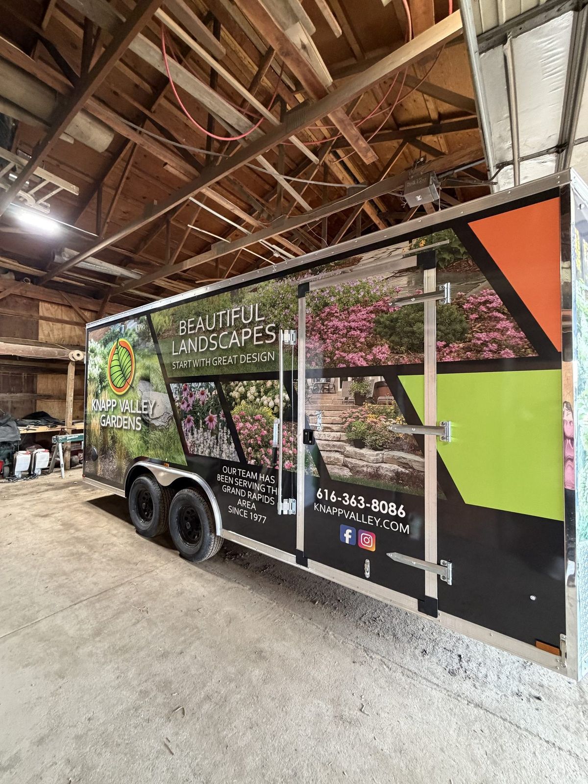 Knapp Valley Gardens branded trailer signage installed by Good Graphics Co.