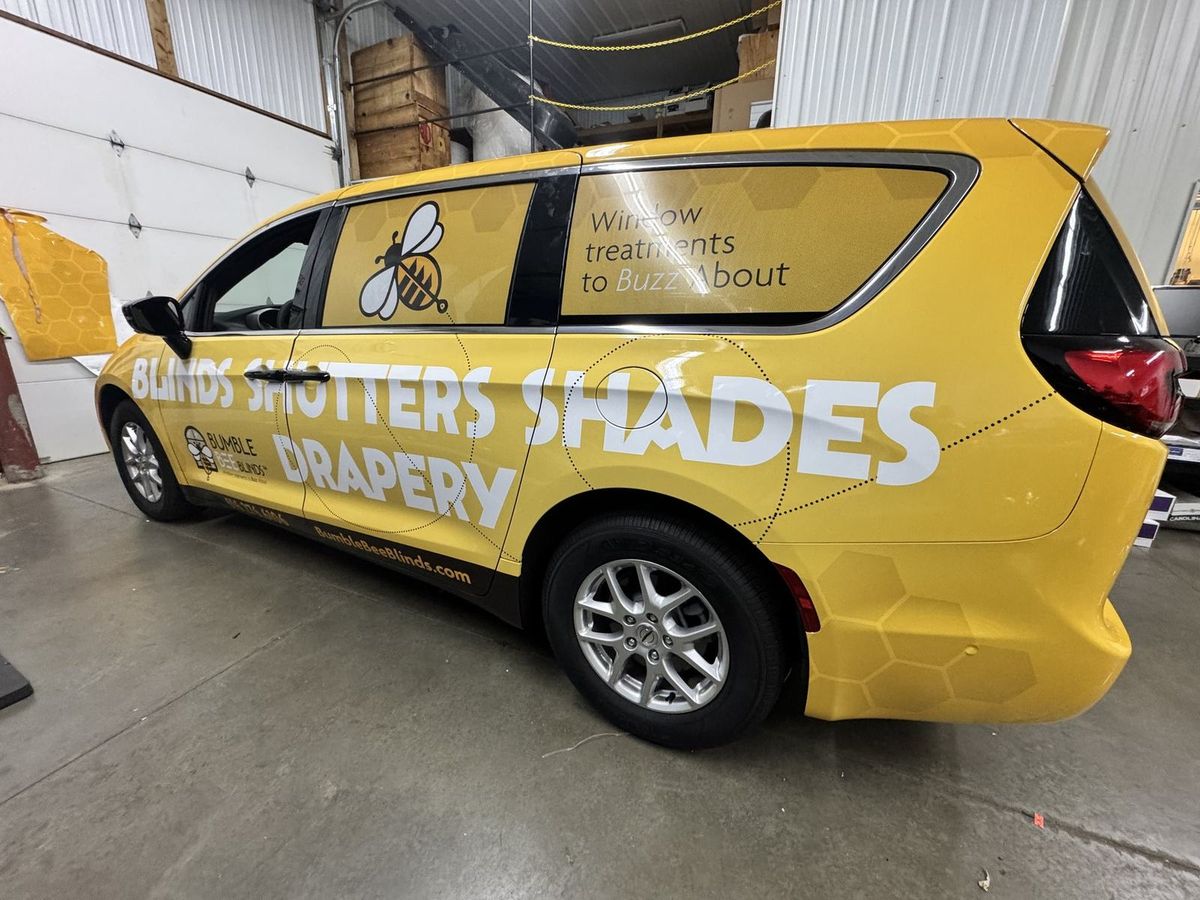 Bumble Bee Blinds van wrap installed by Good Graphics Co.